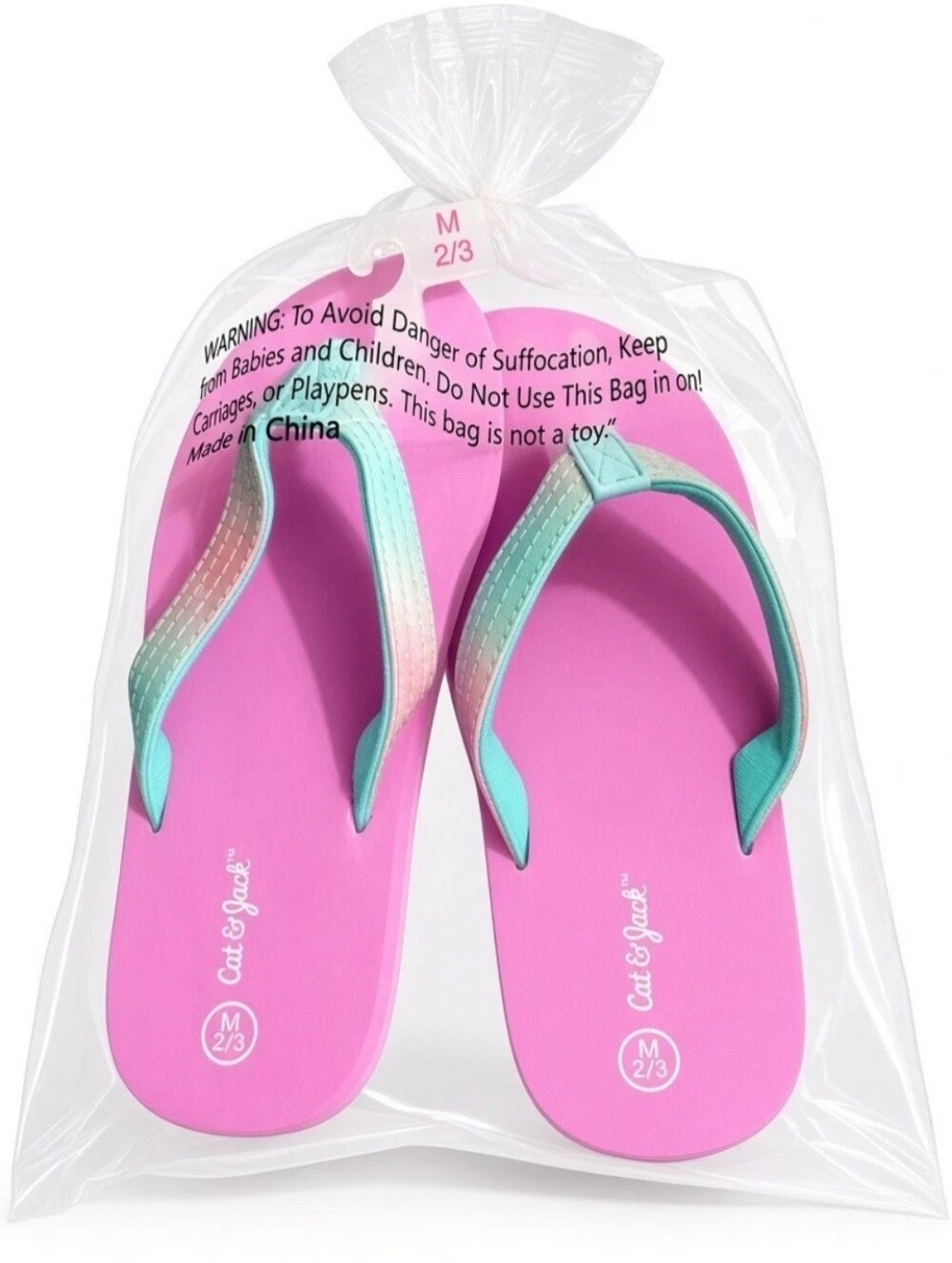 Cat & Jack Girls Flip Flops Pink Aqua Size M 2/3 NWT Sealed Bag